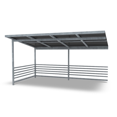 Επεκτείνετε το στέγαστρο ποδηλάτων Capella για να δημιουργήσετε χώρο για ακόμη περισσότερα ποδήλατα ή χρησιμοποιήστε τον χώρο ως στέγαστρο για καρότσια ή ως σταθμό διαλογής απορριμμάτων. Αυτή η παραλλαγή διαθέτει ίσια οροφή από κασσίτερο.