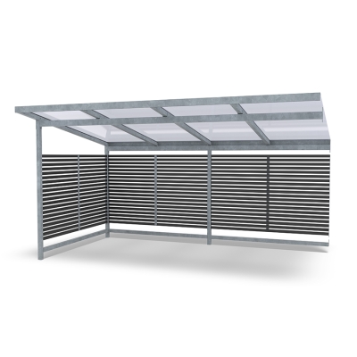 Επεκτείνετε το στέγαστρο ποδηλάτων Stella για να δημιουργήσετε χώρο για ακόμη περισσότερα ποδήλατα ή χρησιμοποιήστε τον χώρο ως στέγαστρο για καρότσια ή ως σταθμό διαλογής απορριμμάτων. Αυτή η παραλλαγή διαθέτει ίσια πλαστική οροφή.