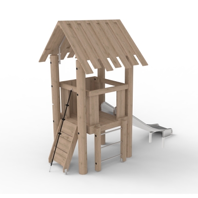 Αυτός ο τετράγωνος πύργος παιχνιδιού έχει σχεδιαστεί για παιδιά μεγαλύτερης ηλικίας προσχολικής ηλικίας. Ο πύργος συνδυάζει το παιχνίδι με τις κινητικές δεξιότητες και την προπόνηση δύναμης. Οι δύο επιλογές αναρρίχησης, μια κάθετη σκάλα και μια γωνιακή σκάλα με δίχτυ, παρέχουν κατάλληλες προκλήσεις για αυτήν την ηλικιακή ομάδα. Η κεκλιμένη οροφή προσφέρει προστασία από το φως από τον ήλιο και τη βροχή, δημιουργώντας την αίσθηση ότι βρίσκεστε σε έναν πύργο ή ένα παιδότοπο όπου μόνο η φαντασία θέτει όρια. Υπερυψωμένα από το έδαφος, τα παιδιά μπορούν να απολαύσουν τη θέα πριν κατέβουν την τσουλήθρα.