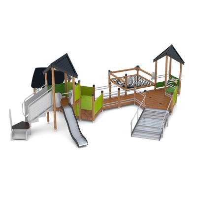 Το UniPlay Eptix είναι μια ολοκληρωμένη και ευέλικτη κατασκευή παιδικής χαράς σχεδιασμένη για παιδιά ηλικίας 3 ετών και άνω, προσφέροντας μια διασκεδαστική και προσβάσιμη εμπειρία παιχνιδιού για όλες τις ικανότητες. Εξοπλισμένο με ράμπα για αναπηρικά αμαξίδια, σκάλες χωρίς αποκλεισμούς με σημείο μεταφοράς, τσουλήθρα, ευρύχωρο χώρο παιδικής χαράς και κύκλο στροφής για αναπηρικά αμαξίδια, διασφαλίζει ότι κάθε παιδί μπορεί να συμμετέχει και να απολαμβάνει. Αυτή η προσεκτικά σχεδιασμένη μονάδα προωθεί τη σωματική δραστηριότητα, την κοινωνική αλληλεπίδραση και το ευφάνταστο παιχνίδι, καθιστώντας την ιδανική για πάρκα, σχολεία και παιδικές χαρές που αναζητούν υψηλή αξία παιχνιδιού και συμπερίληψη.