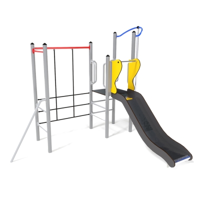 Η μονάδα παιχνιδιού Callisto, σχεδιασμένη για παιδιά ηλικίας 3-5 ετών, διαθέτει μια ενιαία πλατφόρμα προσβάσιμη μέσω μιας σκάλας σκαλοπατιών ή διασχίζοντας έναν τοίχο με σχοινί, προσφέροντας ποικιλία αναρρίχησης και πρόκληση. Τα παιδιά μπορούν να κατέβουν χρησιμοποιώντας είτε τσουλήθρα είτε συρόμενο στύλο, ενισχύοντας τις κινητικές τους δεξιότητες και παρέχοντας διασκεδαστικούς τρόπους εξερεύνησης. Οι χειρολισθήρες στην πλατφόρμα εξασφαλίζουν ασφάλεια και υποστήριξη, καθιστώντας την ιδανική επιλογή για νέους λάτρεις της περιπέτειας που αναζητούν ένα συνδυασμό ενθουσιασμού και ασφάλειας. Διαθέσιμο σε επιλογές από ξύλο ή χάλυβα και διακοσμημένο με ζωντανά πάνελ HPL, το Callisto είναι ευέλικτο για διαφορετικές ρυθμίσεις. Για ευελιξία εγκατάστασης, επιλέξτε ανάμεσα σε βυθισμένη βάση ή αγκύρωση πάνω από το έδαφος