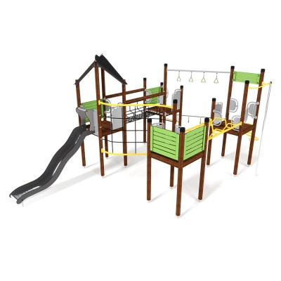 Το UniPlay Essentials Tethys είναι ένα συναρπαστικό κεντρικό κομμάτι για κάθε παιδική χαρά, σχεδιασμένο για τολμηρές περιπέτειες ηλικίας 5-12 ετών. Διαθέτοντας τέσσερις διασυνδεδεμένους πύργους, ύψους 1,5 μ. ο καθένας, προσφέρει μια ποικιλία από συναρπαστικές δραστηριότητες. Τα παιδιά μπορούν να έχουν πρόσβαση στους πύργους μέσω πολλαπλών διαδρομών: σκάλες με σκαλοπάτια, ένα φιδίσιο κοντάρι ή έναν καμπυλωτό τοίχο από σχοινί, προκαλώντας τις αναρριχητικές τους ικανότητες. Για την κατάβαση, έχουν συναρπαστικές επιλογές: να γλιστρήσουν γρήγορα προς τα κάτω, να πάρουν το σωλήνα καθόδου ή να κατέβουν τις σκάλες. Η περιπέτεια συνεχίζεται με ποικιλία συνδέσμων μεταξύ πλατφορμών, όπως ένα τεντωμένο σχοινί για ισορροπία, μια ασταθή γέφυρα, μια σκάλα με τεχνάσματα και έναν καμπυλωτό τοίχο από σχοινί για διάσχιση. Αυτή η διάταξη επιτρέπει στα παιδιά να πλοηγούνται από πύργο σε πύργο πάνω από το έδαφος, παρέχοντας ατελείωτες δυνατότητες εξερεύνησης χωρίς ποτέ να αγγίξουν το έδαφος. Το Tethys είναι ιδανικό για την ενθάρρυνση του ενεργού παιχνιδιού, της ισορροπίας, του συντονισμού και των ευφάνταστων περιπετειών σε μικρούς εξερευνητές.