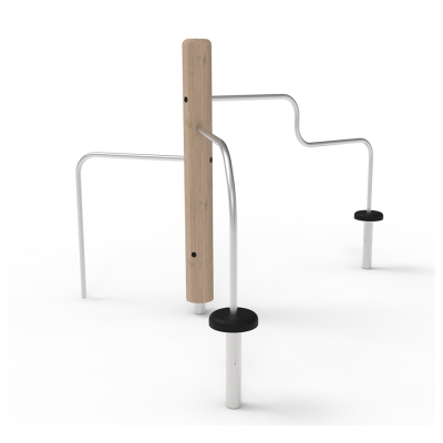 Το τριπλό SAULTY είναι μια μοντέρνα εκδοχή των παραδοσιακών ράβδων για αναδιπλώσεις, που ανταποκρίνεται στη δυναμική του αστικού παιχνιδιού. Ένας ξύλινος στύλος από robinia σε συνδυασμό με καμπύλες και ίσιες ατσάλινες μπάρες προσφέρει μια ποικιλία δραστηριοτήτων αναρρίχησης και γυμναστικής. Τα δύο πατήματα προσφέρουν διαφορετικά σημεία εισόδου, ενώ η καμπύλη ατσάλινη μπάρα προσθέτει μια επιπλέον πρόκληση. Τα παιδιά μπορούν να αιωρούνται, να κρέμονται και να ενισχύουν την ευκινησία τους καθώς μετακινούνται από τη μία μπάρα στην άλλη. Προάγει την κοινωνική αλληλεπίδραση, την ομαδική εργασία και τη σωματική ανάπτυξη, ενισχύοντας την ισορροπία, τη δύναμη και τον συντονισμό των παιδιών. Με τον κομψό σχεδιασμό του, το συμπληρώνει τις παιδικές χαρές στην πόλη, παρέχοντας μια ευέλικτη και ελκυστική επιλογή παιχνιδιού που ενθαρρύνει τα παιδιά να παραμένουν ενεργά και συνδεδεμένα.