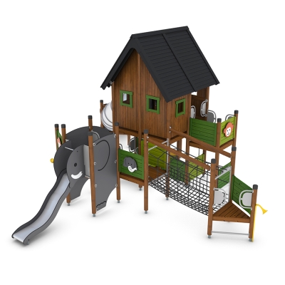 Το σπιτάκι παιχνιδιού UniPlay Bihar αποτελεί μια εντυπωσιακή και ολοκληρωμένη προσθήκη σε κάθε χώρο παιχνιδιού. Διαθέτει κομψά κουφώματα παραθύρων και προαιρετικά γραφικά ζώων, μετατρέποντάς το σε μια συναρπαστική φωλιά στη ζούγκλα με την προσθήκη μιας τσουλήθρας σε σχήμα ελέφαντα, χαμογελαστών λιονταριών και πιθήκων. Τα παιδιά μπορούν να έχουν πρόσβαση στο σπιτάκι μέσω διαφόρων διαδρομών, όπως μια σήραγγα από δίχτυ, σκάλες και έναν απαιτητικό στύλο με μπάλες. Ο στύλος με μπάλες ενσωματώνει μπάλες αφρού πολυουρεθάνης για βελτιωμένη αναρρίχηση. Η κεντρική καμπίνα παρέχει ιδιωτικότητα για μεγαλύτερα παιδιά, ενώ τα μικρότερα παιδιά μπορούν να απολαύσουν κρυφτό σε διαμερίσματα στο ισόγειο. Κλασικά αντικείμενα, όπως σωλήνες ομιλίας και ένας πάγκος καταστήματος, πυροδοτούν τη φαντασία και το παιχνίδι ρόλων. Το UniPlay Bihar έχει σχεδιαστεί για να εμπνέει τη δημιουργικότητα και να προσφέρει μια συναρπαστική εμπειρία παιχνιδιού.