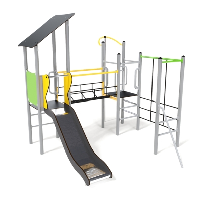 Το Elara συνδυάζει σωματικές προκλήσεις με ευφάνταστο παιχνίδι, δημιουργώντας μια συναρπαστική εμπειρία παιδικής χαράς. Η μονάδα παιχνιδιού είναι ιδανική για παιδιά 3-5 ετών και προσφέρει μια συναρπαστική περιπέτεια με δύο πλατφόρμες ύψους 1 m, καθεμία προσβάσιμη από ανόδους σκαλοπατιών. Η μία πλατφόρμα διαθέτει μια διασκεδαστική τσουλήθρα για γρήγορη κατάβαση, ενώ η άλλη έχει ένα συρόμενο στύλο για μια συναρπαστική έξοδο. Συνδεδεμένη με μια ταλαντευόμενη γέφυρα από σχοινί με λαβές και στύλους για ασφαλή διέλευση, η μονάδα περιλαμβάνει επίσης έναν απαιτητικό τοίχο από σχοινί, που ενθαρρύνει τα παιδιά να πλοηγηθούν σε μια διαδρομή χωρίς να αγγίξουν το έδαφος μέχρι να φτάσουν στην προτιμώμενη πλατφόρμα επιλογής τους. Διαθέσιμο σε επιλογές ξύλου ή χάλυβα και διακοσμημένο με ζωντανά πάνελ HPL, το Elara είναι ευέλικτο για διαφορετικές ρυθμίσεις. Για ευελιξία εγκατάστασης, επιλέξτε ανάμεσα σε βυθισμένη βάση ή αγκύρωση πάνω από το έδαφος.