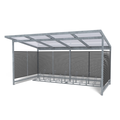 Η στέγη ποδηλάτων Stella με 2 σχάρες ποδηλάτων Gemini προσφέρει μια κομψή, ανθεκτική λύση για εξωτερική αποθήκευση ποδηλάτων. Σχεδιασμένη με μαύρες ξύλινες σανίδες Nordic Pine —με δυνατότητα προσαρμογής σε οποιοδήποτε χρώμα— συμπληρώνει τόσο την κλασική όσο και τη μοντέρνα αρχιτεκτονική. Η στέγη διαθέτει επιλογή από ευθείες ή θολωτές στέγες από κυματοειδές κασσίτερο ή πλαστικό και χωράει έως και 12 ποδήλατα. Σε συνδυασμό με δύο ανεξάρτητες, γαλβανισμένες σχάρες Gemini (η καθεμία χωράει έξι ποδήλατα), αυτή η διάταξη παρέχει ευέλικτο και ασφαλές παρκινγκ. Εύκολη στην εγκατάσταση και επέκταση με κιτ επέκτασης, είναι ιδανική για σχολεία, επιχειρήσεις και δημόσιους χώρους που αναζητούν μια κομψή, ανθεκτική στις καιρικές συνθήκες και αποδοτική λύση αποθήκευσης ποδηλάτων. Αυτή η παραλλαγή διαθέτει ευθεία πλαστική στέγη. Οι πόρτες με κλειδί είναι προαιρετικές, καθιστώντας τη Stella ιδανική όχι μόνο για αποθήκευση ποδηλάτων, αλλά και ως πάρκο για καροτσάκια ή σταθμό διαλογής απορριμμάτων.