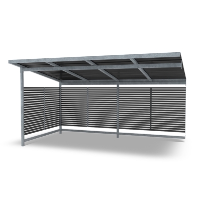 Επεκτείνετε το στέγαστρο ποδηλάτων Stella για να δημιουργήσετε χώρο για ακόμη περισσότερα ποδήλατα ή χρησιμοποιήστε τον χώρο ως στέγαστρο για καρότσια ή ως σταθμό διαλογής απορριμμάτων. Αυτή η παραλλαγή διαθέτει ίσια οροφή από κασσίτερο.