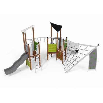 Ετοιμαστείτε για διπλή διασκέδαση με το UniPlay Mesa Verde! Αυτή η συναρπαστική, ολοκληρωμένη μονάδα διαθέτει εύκολη πρόσβαση μεταφοράς, κρίκο για δυναμικό παιχνίδι, τοίχους αναρρίχησης και δίχτυα για σωματική ανάπτυξη, δύο ανοιχτές τσουλήθρες για συναρπαστικές καταβάσεις και πάνελ παιχνιδιών κάτω από το κατάστρωμα. Ο ένας πύργος προσφέρει εύκολη πρόσβαση στην τσουλήθρα και ένα τιμόνι πλοίου για ευφάνταστο παιχνίδι. Ενώ ο δεύτερος πύργος ενσωματώνει πιο απαιτητικά στοιχεία αναρρίχησης. Έχει σχεδιαστεί για να εμπλέκει τα μικρά μυαλά και τα σώματα σε μια ποικιλία συναρπαστικών δραστηριοτήτων.