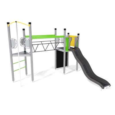 Το UniPlay Essentials Metis είναι ιδανικό για την ανάπτυξη ευκινησίας, δύναμης και συντονισμού, διασφαλίζοντας παράλληλα ότι τα παιδιά θα διασκεδάσουν εξερευνώντας και κινούμενα ανάμεσα στα στοιχεία της. Αυτή η μονάδα παιδικής χαράς προσφέρει μια συναρπαστική εμπειρία παιχνιδιού για παιδιά ηλικίας 5-12 ετών. Διαθέτει δύο πύργους που συνδέονται με μια ταλαντευόμενη γέφυρα από σχοινί, με κιγκλιδώματα για πρόσθετη στήριξη κατά τη διάσχιση. Ο ένας πύργος είναι προσβάσιμος μέσω μιας σκάλας με σκαλοπάτια, παρέχοντας μια απλή ανάβαση με τη συναρπαστική επιλογή γρήγορης κατάβασης από τον στύλο ή διασχίζοντας την άλλη πλατφόρμα. Ο άλλος πύργος έχει την πρόσθετη πρόκληση με έναν τοίχο αναρρίχησης για πρόσβαση, που απαιτεί πιο επιδέξια ανάβαση και ανταμείβει τους αναρριχητές με μια διασκεδαστική ολίσθηση.