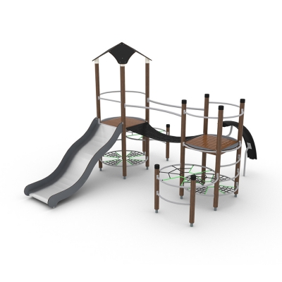 Επιλέξτε ένα από τα πολλά μονοπάτια αναρρίχησης για να φτάσετε στους πύργους του UniPlay Assid, μιας μονάδας παιδικής χαράς υψηλής αξίας, σχεδιασμένης για παιδιά ηλικίας 5 ετών και άνω. Μόλις φτάσουν στους πύργους, τα παιδιά μπορούν να τρέξουν κατεβαίνοντας την τσουλήθρα διπλού πλάτους με φίλους ή να γλιστρήσουν στην αψίδα για επιπλέον ενθουσιασμό. Η γέφυρα που ταλαντεύεται και συνδέει τους πύργους προσθέτει ένα διασκεδαστικό και απαιτητικό στοιχείο, ενισχύοντας την ισορροπία και τον συντονισμό. Το Assid ενθαρρύνει την ανάπτυξη των σωματικών δεξιοτήτων μέσω της αναρρίχησης webby και των ραγών αναρρίχησης, ενώ η χαλαρωτική διαδρομή webby χαμηλού επιπέδου παρέχει έναν χώρο για τα παιδιά να ξεκουραστούν και να κοινωνικοποιηθούν. Ιδανικό για πάρκα και παιδικές χαρές που αναζητούν ελκυστικό και ανθεκτικό εξοπλισμό παιδικής χαράς.