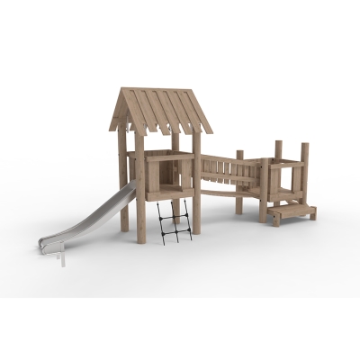 Αυτό το σύστημα πύργων αποτελείται από δύο τετράγωνους πύργους παιχνιδιού που συνδέονται με μια κρεμαστή γέφυρα. Οι πύργοι βρίσκονται σε διαφορετικά ύψη, επιτρέποντας σε παιδιά διαφόρων ηλικιών να παίζουν μαζί, καθιστώντας τη γέφυρα ακόμα πιο συναρπαστική. Οι πύργοι συνδυάζουν το παιχνίδι με τις κινητικές δεξιότητες και την προπόνηση δύναμης. Οι τρεις επιλογές αναρρίχησης, μια κάθετη σκάλα, μια γωνιακή σκάλα με δίχτυ και μια φαρδιά πλατφόρμα, παρέχουν κατάλληλες προκλήσεις για αυτήν την ηλικιακή ομάδα. Η στέγη στον ψηλότερο πύργο προσφέρει προστασία από το φως από τον ήλιο και τη βροχή, δημιουργώντας την αίσθηση ότι βρίσκεστε σε έναν πύργο ή ένα παιδότοπο. Υπερυψωμένα από το έδαφος, τα παιδιά μπορούν να απολαύσουν τη θέα πριν κατέβουν την τσουλήθρα.