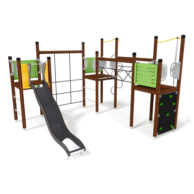 Το UniPlay Essentials Sycorax είναι μια συναρπαστική παιδική χαρά σε σχήμα L, σχεδιασμένη για παιδιά ηλικίας 5-12 ετών, που προσφέρει μια περιπέτεια σε τρεις πλατφόρμες που συνδέονται με μια γέφυρα με ταλάντωση και έναν απαιτητικό τοίχο από σχοινί. Ενώ έχει σχεδιαστεί για ένα συνεχές ταξίδι από το ένα άκρο στο άλλο, κάθε πύργος λειτουργεί επίσης ως ξεχωριστός χώρος παιχνιδιού. Ο πρώτος πύργος προσκαλεί τους αναρριχητές με έναν τοίχο και ένα κοντάρι καθόδου για μια γρήγορη κατάβαση. Ο δεύτερος είναι προσβάσιμος μέσω μιας σκάλας με σκαλοπάτια ή ενός συναρπαστικού σωλήνα αράχνης, προσφέροντας ποικίλες εμπειρίες αναρρίχησης. Ο τελευταίος πύργος, προσβάσιμος μέσω μιας σκάλας με σκαλοπάτια, ανταμείβει τους τυχοδιώκτες με μια τσουλήθρα προς τα κάτω.