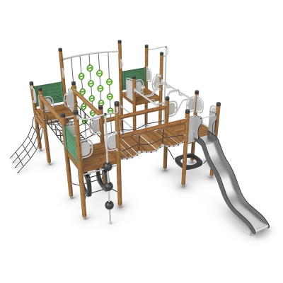 Το UniPlay Fyrudden είναι μια δυναμική μονάδα παιδικής χαράς σχεδιασμένη για παιδιά ηλικίας 5-12 ετών, η οποία διαθέτει τέσσερις διασυνδεδεμένους πύργους με γέφυρες και συνδέσμους αναρρίχησης που ενθαρρύνουν το συνεχές, ενεργητικό παιχνίδι. Διάφορα στοιχεία αναρρίχησης - όπως δίχτυα, σκάλες και σφαιρικό στύλο - προσφέρουν πολλαπλά σημεία πρόσβασης στους πύργους, προωθώντας τη σωματική ανάπτυξη και τον συντονισμό. Μια κυματιστή τσουλήθρα και ένας συρόμενος στύλος προσθέτουν επιπλέον ενθουσιασμό, ενώ ένας μεγάλος σύνδεσμος αναρρίχησης προσφέρει μια συναρπαστική πρόκληση. Οι δραστηριότητες κάτω από το κατάστρωμα προσφέρουν πιο ήσυχες, ευφάνταστες ευκαιρίες παιχνιδιού, προσθέτοντας ποικιλία στην εμπειρία. Με την τέλεια ισορροπία δράσης και δημιουργικότητας, το UniPlay Fyrudden είναι μια απαιτητική και συναρπαστική λύση παιχνιδιού που κρατά τα παιδιά σε εγρήγορση σε κάθε επίπεδο.