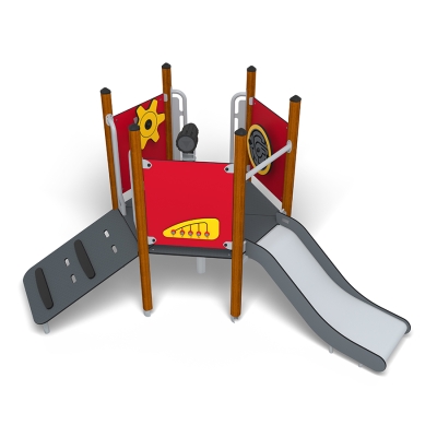 Το UniMini Lilla Le είναι μια συμπαγής, πολύχρωμη παιδική χαρά σχεδιασμένη για να ενθουσιάσει παιδιά ηλικίας 3-5 ετών με τα απλά αλλά ενδιαφέροντα χαρακτηριστικά του. Στην καρδιά του βρίσκεται ένα ευρύχωρο, χαμηλού επιπέδου εξάγωνο κατάστρωμα, γεμάτο με διαδραστικά στοιχεία παιχνιδιού, όπως τιμόνι πλοίου για ευφάνταστες περιπέτειες, λαβύρινθο με περιστρεφόμενους τροχούς, παιχνίδι αριθμών, παιχνίδι ταξινόμησης και τηλεσκόπιο για περίεργους εξερευνητές. Η εύκολη πρόσβαση με ράμπα και ανέβασμα το καθιστούν συμπεριληπτικό και προσιτό για όλες τις ικανότητες, ενώ η τσουλήθρα προσθέτει μια έκρηξη διασκέδασης και κίνησης. Φωτεινό, φιλόξενο και γεμάτο παιχνίδι, το UniMini Lilla Le προσφέρει έναν τέλειο συνδυασμό δημιουργικότητας, δραστηριότητας και μάθησης.