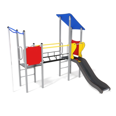 Η μονάδα παιχνιδιού UniMini Essentials Deimos, προσαρμοσμένη για παιδιά 3-5 ετών, αποτελείται από δύο πύργους ύψους 1 m που συνδέονται με μια ταλαντευόμενη γέφυρα, από σχοινιά εξοπλισμένα με λαβές και στύλους στήριξης για ασφαλή διέλευση. Προσφέροντας διαφορετικά σημεία εισόδου μέσω σκαλοπατιών και επιλογών διπλής κατάβασης - ένα συρόμενο στύλο από τον έναν πύργο και μια τσουλήθρα από τον δεύτερο - το Deimos εξασφαλίζει μια συναρπαστική εμπειρία παιχνιδιού. Η προστατευμένη πλατφόρμα στον δεύτερο πύργο εμπλουτίζει το ευφάνταστο παιχνίδι, καθιστώντας τον μια ευέλικτη και συναρπαστική επιλογή παιδικής χαράς για νέους λάτρεις της περιπέτειας. Διαθέσιμο σε επιλογές ξύλου ή χάλυβα και διακοσμημένο με ζωντανά πάνελ HPL, το Deimos είναι ευέλικτο για διαφορετικές ρυθμίσεις. Για ευελιξία εγκατάστασης, επιλέξτε ανάμεσα σε βυθισμένη βάση ή αγκύρωση πάνω από το έδαφος.