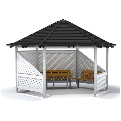 Το κιόσκι Palma είναι σαν μια μικρή όαση στον κήπο όπου μπορείτε να καθίσετε και να απολαύσετε την υπαίθρια ζωή, προστατευμένοι από τον ήλιο ή τη βροχή. Είναι το ιδανικό μέρος για να χαλαρώσετε, να πιείτε έναν καφέ με κάποιον που αγαπάτε και να κοινωνικοποιηθείτε με φίλους και συγγενείς. Με το ανοιχτό μπροστινό μέρος και τα γωνιακά πλαϊνά πάνελ, το Palma προσφέρει εξαιρετική ορατότητα, παρέχοντας παράλληλα προστασία από τις καιρικές συνθήκες για μαθητές και εκπαιδευτικούς, και αποτελεί μια εξαιρετική προσθήκη σε σχολεία, πάρκα και άλλα εκπαιδευτικά περιβάλλοντα. Ενθαρρύνει τη μάθηση σε εξωτερικούς χώρους, προωθεί τη συμμετοχή των μαθητών και παρέχει έναν μοναδικό χώρο για εξερεύνηση και ανακάλυψη.