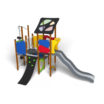 Το UniMini Langas είναι μια συναρπαστική μονάδα παιδικής χαράς τριών πύργων, σχεδιασμένη για παιδιά ηλικίας 3-5 ετών. Γεμάτη χρώμα, διαθέτει μια απαιτητική θέση αναρρίχησης, μια ευέλικτη ράμπα για ενεργητική κίνηση και μια διασκεδαστική τσουλήθρα μονού πλάτους. Ο ένας πύργος διαθέτει μια μοναδική οροφή με χρωματιστά διαφανή πάνελ που αντανακλούν όμορφα το ηλιακό φως, δημιουργώντας μια μαγευτική ατμόσφαιρα παιχνιδιού. Ένα τοποθετημένο τηλεσκόπιο προσκαλεί σε ευφάνταστες περιπέτειες, ενώ διαδραστικά στοιχεία και προσβάσιμες δραστηριότητες στο επίπεδο του εδάφους εξασφαλίζουν ποικίλες εμπειρίες παιχνιδιού για όλα τα παιδιά, χωρίς αποκλεισμούς. Είτε πρόκειται για αναρρίχηση, ολίσθηση είτε για εξερεύνηση, το UniMini Langas προσφέρει ατελείωτες ευκαιρίες για σωματική ανάπτυξη, κοινωνική αλληλεπίδραση και δημιουργική διασκέδαση σε ένα ασφαλές, διεγερτικό περιβάλλον.