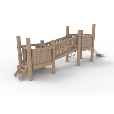 Αυτό το σύστημα πύργων αποτελείται από δύο τετράγωνους πύργους παιχνιδιού που συνδέονται με μια κρεμαστή γέφυρα. Οι πύργοι βρίσκονται σε διαφορετικά ύψη, επιτρέποντας σε παιδιά διαφόρων ηλικιών να παίζουν μαζί, καθιστώντας τη γέφυρα ακόμα πιο συναρπαστική. Οι πύργοι συνδυάζουν το παιχνίδι με τις κινητικές δεξιότητες και την προπόνηση δύναμης. Οι τρεις επιλογές αναρρίχησης, μια κάθετη σκάλα, μια γωνιακή σκάλα με δίχτυ και μια φαρδιά πλατφόρμα, παρέχουν κατάλληλες προκλήσεις για αυτήν την ηλικιακή ομάδα. Ανυψωμένα από το έδαφος, τα παιδιά μπορούν να απολαύσουν τη θέα πριν κατέβουν την τσουλήθρα.