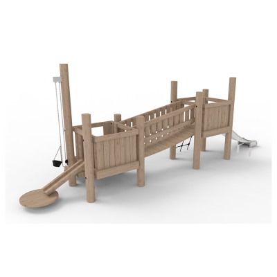 Αυτό το σύστημα πύργων έχει σχεδιαστεί για παιχνίδια με την άμμο και αποτελείται από δύο τετράγωνους πύργους παιχνιδιού που συνδέονται με μια κρεμαστή γέφυρα. Οι πύργοι βρίσκονται σε διαφορετικά ύψη, επιτρέποντας σε παιδιά διαφόρων ηλικιακών ομάδων να παίζουν μαζί, καθιστώντας τη γέφυρα ακόμα πιο συναρπαστική. Ο κάτω πύργος έχει σχεδιαστεί για να στέκεται σε μία αμμοδόχο και περιλαμβάνει ένα τραπέζι άμμου, έναν γερανό άμμου και έναν μύλο άμμου. Οι πύργοι συνδυάζουν το παιχνίδι με τις κινητικές δεξιότητες και την προπόνηση δύναμης. Οι δύο επιλογές αναρρίχησης, μια γωνιακή σκάλα με δίχτυ και μια φαρδιά πλατφόρμα, παρέχουν κατάλληλες προκλήσεις για αυτήν την ηλικιακή ομάδα. Ανυψωμένα από το έδαφος, τα παιδιά μπορούν να απολαύσουν τη θέα πριν κατέβουν την τσουλήθρα.