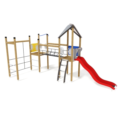 Το UniPlay Essentials Sinope, σχεδιασμένο για παιδιά ηλικίας 5-12 ετών, είναι μια δυναμική μονάδα παιχνιδιού δύο πύργων που ενισχύει το σωματικό και το περιπετειώδες παιχνίδι. Διαθέτει έναν τοίχο από σχοινί για επιπλέον διασκέδαση στην αναρρίχηση, προκαλώντας τα παιδιά να χρησιμοποιήσουν τη δύναμη και τον συντονισμό τους. Οι πύργοι συνδέονται με μια ταλαντευόμενη γέφυρα από σχοινί, προσφέροντας την επιλογή να περπατήσουν ή να σκαρφαλώσουν για να μετακινηθούν μεταξύ τους. Ο πρώτος πύργος είναι προσβάσιμος μέσω μιας σκάλας, που οδηγεί σε μια συναρπαστική τσουλήθρα για μια χαρούμενη κατάβαση. Ο δεύτερος πύργος εισάγει μια επιπλέον πρόκληση, απαιτώντας από τα παιδιά να διασχίσουν τον τοίχο από σχοινί ή να σκαρφαλώσουν χρησιμοποιώντας σκάλες με σκαλοπάτια, με σωλήνα να παρέχει μια γρήγορη και συναρπαστική κατάβαση.