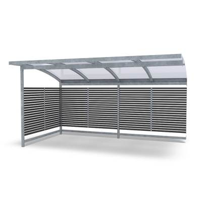 Επεκτείνετε το στέγαστρο ποδηλάτων Stella για να δημιουργήσετε χώρο για ακόμη περισσότερα ποδήλατα ή χρησιμοποιήστε τον χώρο ως στέγαστρο για καρότσια ή ως σταθμό διαλογής απορριμμάτων. Αυτή η παραλλαγή διαθέτει καμπύλη πλαστική οροφή.