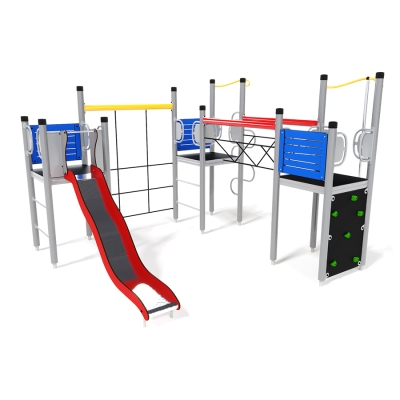 Το UniPlay Essentials Sycorax είναι μια συναρπαστική παιδική χαρά σε σχήμα L, σχεδιασμένη για παιδιά ηλικίας 5-12 ετών, που προσφέρει μια περιπέτεια σε τρεις πλατφόρμες που συνδέονται με μια γέφυρα με ταλάντωση και έναν απαιτητικό τοίχο από σχοινί. Ενώ έχει σχεδιαστεί για ένα συνεχές ταξίδι από το ένα άκρο στο άλλο, κάθε πύργος λειτουργεί επίσης ως ξεχωριστός χώρος παιχνιδιού. Ο πρώτος πύργος προσκαλεί τους αναρριχητές με έναν τοίχο και ένα κοντάρι καθόδου για μια γρήγορη κατάβαση. Ο δεύτερος είναι προσβάσιμος μέσω μιας σκάλας με σκαλοπάτια ή ενός συναρπαστικού σωλήνα αράχνης, προσφέροντας ποικίλες εμπειρίες αναρρίχησης. Ο τελευταίος πύργος, προσβάσιμος μέσω μιας σκάλας με σκαλοπάτια, ανταμείβει τους τυχοδιώκτες με μια τσουλήθρα προς τα κάτω.