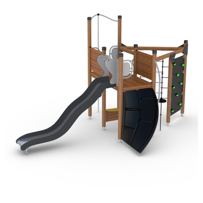 Το UniPlay Fogus είναι μια συμπαγής μονάδα πολλαπλών παιχνιδιών σχεδιασμένη για παιδιά ηλικίας 5 ετών και άνω, προσφέροντας μια ποικιλία χαρακτηριστικών παιχνιδιού με διαφορετικά επίπεδα δυσκολίας. Τα παιδιά μπορούν να προκαλέσουν τον εαυτό τους σκαρφαλώνοντας την στριφτή ράμπα με σκαλοπάτια, πιάνοντας τον τοίχο αναρρίχησης ή πλοηγούμενα στην λικνιζόμενη σκάλα με σχοινί. Η μπάλες προσθέτουν μια ακόμη διασκεδαστική επιλογή αναρρίχησης, ενώ η τσουλήθρα προσφέρει έναν συναρπαστικό τρόπο κατάβασης. Επιπλέον, ο πάγκος του καταστήματος ενθαρρύνει το ευφάνταστο παιχνίδι ρόλων, ενισχύοντας τη δημιουργικότητα και την κοινωνική αλληλεπίδραση. Ιδανικό για πάρκα, σχολεία και παιδικές χαρές, το Fogus προσφέρει υψηλή αξία παιχνιδιού συνδυάζοντας τη σωματική δραστηριότητα με το ευφάνταστο παιχνίδι.