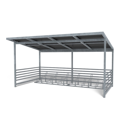 Η στέγη ποδηλάτου Capella με 2 σχάρες ποδηλάτου Gemini είναι μια ανθεκτική λύση χαμηλής συντήρησης για οργανωμένη αποθήκευση ποδηλάτων σε εξωτερικούς χώρους. Σχεδιασμένη με γαλβανισμένες τετράγωνες κολόνες και στιβαρή οροφή, η στέγη Capella είναι ιδανική για σχολεία, πάρκα και κατοικημένες περιοχές. Η στιβαρή της κατασκευή μπορεί να φιλοξενήσει έως και 12 ποδήλατα και μπορεί να επεκταθεί σε διάφορες διαμορφώσεις για να καλύψει μεγαλύτερες ανάγκες. Σε συνδυασμό με δύο ανεξάρτητες, γαλβανισμένες σχάρες ποδηλάτου Gemini - η καθεμία χωράει έξι ποδήλατα - αυτή η διάταξη εξασφαλίζει ευέλικτη και ασφαλή στάθμευση. Εύκολη στην εγκατάσταση και κατασκευασμένη για να αντέχει στα στοιχεία της φύσης, η στέγη Capella προσφέρει μια αξιόπιστη, μακροπρόθεσμη λύση αποθήκευσης για οποιονδήποτε δημόσιο ή ιδιωτικό εξωτερικό χώρο. Αυτή η παραλλαγή διαθέτει ίσια οροφή με κασσίτερο . 12 θέσεων