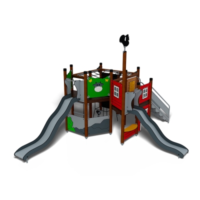 Το UniPlay Norrpanda είναι μια διασκεδαστική παιδική χαρά με θέμα το αγρόκτημα, σχεδιασμένη για παιδιά ηλικίας 5 ετών και άνω. Χτισμένη σε στιβαρούς ξύλινους στύλους, αυτή η πολυεπίπεδη κατασκευή συνδυάζει το ενεργό παιχνίδι με το ευφάνταστο παιχνίδι ρόλων. Διαθέτει έναν ψηλό πύργο με διάφορες επιλογές αναρρίχησης, όπως σχοινί από δίχτυ, τοίχο και σκάλα, καθώς και μια μακριά τσουλήθρα για επιπλέον ενθουσιασμό. Τα παιδιά μπορούν να παίξουν ρόλους στον πάγκο του καταστήματος - προσποιούμενα ότι πουλάνε προϊόντα ή ότι διατηρούν ένα αγροτικό κατάστημα - ενώ ο κόκορας στην κορυφή προσθέτει μια παιχνιδιάρικη πινελιά αγροκτήματος. Τα πάνελ παιχνιδιού σε όλη τη μονάδα ενισχύουν την αξία του παιχνιδιού και τη δημιουργικότητα. Ιδανικό για σχολεία, δημόσιες παιδικές χαρές και πάρκα διακοπών.