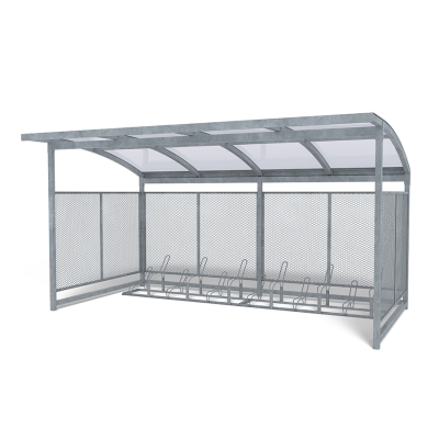 Η στέγη ποδηλάτων Nova με 2 σχάρες ποδηλάτων Gemini προσφέρει μια κομψή, ανθεκτική λύση για ασφαλή αποθήκευση ποδηλάτων σε εξωτερικούς χώρους. Κατασκευασμένη με γαλβανισμένους στύλους από χάλυβα, διαφανή πάνελ και στιβαρή οροφή, η στέγη Nova προστατεύει από τα στοιχεία της φύσης, εξασφαλίζοντας παράλληλα ορατότητα και εύκολη πρόσβαση. Ιδανική για σχολεία, πάρκα, κατοικημένες περιοχές και δημόσιους χώρους, μπορεί επίσης να χρησιμεύσει ως στέγη για καρότσι ή σταθμός διαλογής απορριμμάτων. Η κατασκευή είναι εύκολη στην εγκατάσταση, επεκτάσιμη με κιτ επέκτασης και διατίθεται με προαιρετικές πόρτες με κλειδί για πρόσθετη ασφάλεια . Σε συνδυασμό με δύο ανεξάρτητες, γαλβανισμένες σχάρες Gemini - η καθεμία χωράει έξι ποδήλατα - παρέχει οργανωμένο χώρο στάθμευσης για έως και 12 ποδήλατα. Αυτή η παραλλαγή διαθέτει θολωτή πλαστική οροφή.