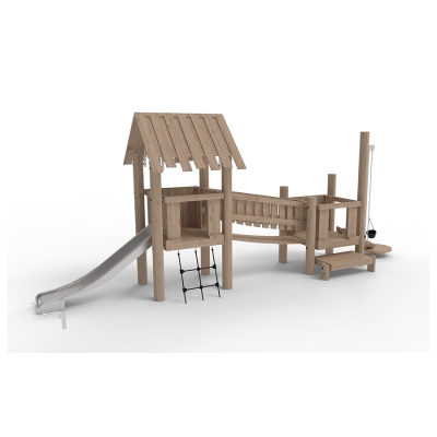 Αυτό το σύστημα πύργων έχει σχεδιαστεί για παιχνίδια με την άμμο και αποτελείται από δύο τετράγωνους πύργους παιχνιδιού που συνδέονται με μια κρεμαστή γέφυρα. Οι πύργοι βρίσκονται σε διαφορετικά ύψη, επιτρέποντας σε παιδιά διαφόρων ηλικιακών ομάδων να παίζουν μαζί, καθιστώντας τη γέφυρα ακόμα πιο συναρπαστική. Ο κάτω πύργος έχει σχεδιαστεί για να στέκεται σε μία αμμοδόχο και περιλαμβάνει ένα τραπέζι άμμου, έναν γερανό άμμου και έναν μύλο άμμου. Οι πύργοι συνδυάζουν το παιχνίδι με τις κινητικές δεξιότητες και την προπόνηση δύναμης. Οι δύο επιλογές αναρρίχησης, μια γωνιακή σκάλα με δίχτυ και μια φαρδιά πλατφόρμα, προσφέρουν κατάλληλες προκλήσεις για αυτήν την ηλικιακή ομάδα. Η σκεπή στον ψηλότερο πύργο παρέχει προστασία από το φως από τον ήλιο και τη βροχή, δημιουργώντας την αίσθηση ότι βρίσκεστε σε έναν πύργο ή ένα παιδότοπο. Υπερυψωμένα από το έδαφος, τα παιδιά μπορούν να απολαύσουν τη θέα πριν κάνουν μια βόλτα στην τσουλήθρα.