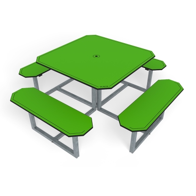 Το τραπέζι πικνίκ Skagen με 8 καθίσματα προσφέρει έναν άνετο και φιλόξενο χώρο για υπαίθριες συγκεντρώσεις. Σχεδιασμένο με διάταξη που παρέχει άφθονο χώρο για τα πόδια, είναι ιδανικό για πάρκα, χώρους ανάπαυσης και κοινόχρηστους χώρους. Αυτό το στιβαρό τραπέζι πικνίκ ενθαρρύνει την κοινωνική αλληλεπίδραση και την απόλαυση σε εξωτερικούς χώρους, καθιστώντας το ιδανική επιλογή για χώρους όπου οι άνθρωποι μπορούν να χαλαρώσουν, να δειπνήσουν και να συνδεθούν με τη φύση. Η κεντρική του τρύπα επιτρέπει επίσης την εύκολη τοποθέτηση μιας ομπρέλας για να προσφέρει σκιά τις ηλιόλουστες μέρες, ενισχύοντας την άνεση για όλους τους χρήστες.