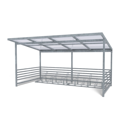 Η στέγη ποδηλάτου Capella με 2 σχάρες ποδηλάτου Gemini είναι μια ανθεκτική λύση χαμηλής συντήρησης για οργανωμένη αποθήκευση ποδηλάτων σε εξωτερικούς χώρους. Σχεδιασμένη με γαλβανισμένες τετράγωνες κολόνες και στιβαρή οροφή, η στέγη Capella είναι ιδανική για σχολεία, πάρκα και κατοικημένες περιοχές. Η στιβαρή της κατασκευή μπορεί να φιλοξενήσει έως και 12 ποδήλατα και μπορεί να επεκταθεί σε διάφορες διαμορφώσεις για να καλύψει μεγαλύτερες ανάγκες. Σε συνδυασμό με δύο ανεξάρτητες, γαλβανισμένες σχάρες ποδηλάτου Gemini - η καθεμία χωράει έξι ποδήλατα - αυτή η διάταξη εξασφαλίζει ευέλικτη και ασφαλή στάθμευση. Εύκολη στην εγκατάσταση και κατασκευασμένη για να αντέχει στα στοιχεία της φύσης, η στέγη Capella προσφέρει μια αξιόπιστη, μακροπρόθεσμη λύση αποθήκευσης για οποιονδήποτε δημόσιο ή ιδιωτικό εξωτερικό χώρο. Αυτή η παραλλαγή διαθέτει ευθεία πλαστική οροφή. Ίσια πλαστική οροφή + 12 PL