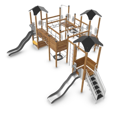 Το UniPlay Bondekrok είναι μια ευέλικτη και απαιτητική παιδική χαρά σχεδιασμένη για παιδιά ηλικίας 5-12 ετών, η οποία διαθέτει πέντε πύργους που συνδέονται με μια ποικιλία συνδέσμων γέφυρας, συμπεριλαμβανομένου ενός εγκάρσιου συνδέσμου για επιπλέον περιπέτεια. Τα σημεία πρόσβασης περιλαμβάνουν στοιχεία αναρρίχησης, ράμπα, σκάλα και εύκολα προσβάσιμα σκαλοπάτια για να υποστηρίξουν το παιχνίδι χωρίς αποκλεισμούς. Η μονάδα προσφέρει δύο συναρπαστικές τσουλήθρες - μια κυματιστή τσουλήθρα και μια ευθεία - καθώς και έναν συρόμενο στύλο για γρήγορες αποδράσεις. Τρεις από τους πύργους έχουν στέγη για καταφύγιο και σκιά, ενώ ολόκληρη η κατασκευή είναι όμορφα φινιρισμένη με φυσικό ξύλο, συνδυαζόμενη άψογα με το εξωτερικό περιβάλλον. Το Bondekrok ενθαρρύνει το ενεργό, ευφάνταστο και κοινωνικό παιχνίδι σε κάθε επίπεδο.