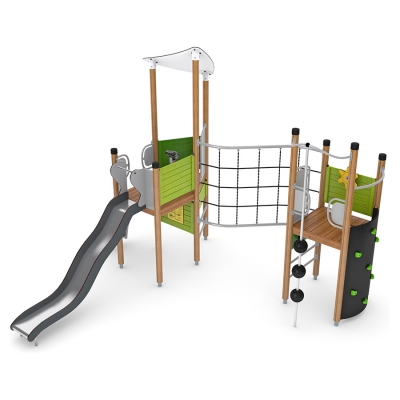 Αυτή η διαμόρφωση δύο πύργων προσφέρει πολλαπλές επιλογές αναρρίχησης και ολίσθησης, ώστε τα παιδιά να βρίσκονται συνεχώς σε κίνηση και να βελτιώνουν τα επίπεδα φυσικής τους κατάστασης. Ο χώρος στο ισόγειο, με παιχνίδια για την εξάσκηση της νοητικής ευκινησίας και την ανάπτυξη δεξιοτήτων γραφής και ανάγνωσης, θα καλωσορίζει χρήστες αναπηρικών αμαξιδίων, εφόσον η πρόσβαση καθίσταται δυνατή χάρη στην επαρκή επίστρωση.