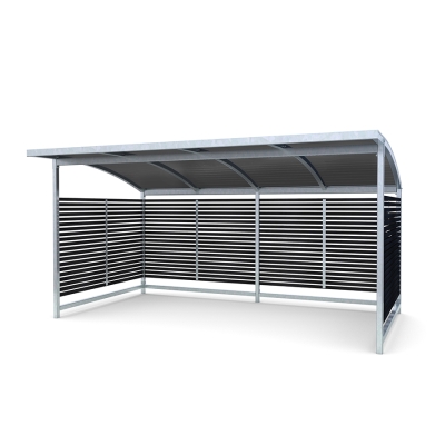 Η στέγη ποδηλάτων Stella είναι μια ευέλικτη και κομψή λύση αποθήκευσης που συμπληρώνει τόσο τα κλασικά όσο και τα μοντέρνα περιβάλλοντα. Κατασκευασμένη με μαύρες ξύλινες σανίδες από σκανδιναβικό πεύκο, ενσωματώνεται άψογα σε διάφορους χώρους. Οι σανίδες μπορούν να βαφτούν σε οποιοδήποτε προσαρμοσμένο χρώμα για να αντανακλούν την αρχιτεκτονική του περιβάλλοντος. Διαθέσιμη με ευθεία ή θολωτή οροφή από κυματοειδές μέταλλο ή πλαστικό, η Stella φιλοξενεί έως και δώδεκα ποδήλατα και μπορεί να επεκταθεί με κιτ επέκτασης για να καλύψει μεγαλύτερες ανάγκες. Σας προτείνουμε να προσθέσετε 2 σχάρες ποδηλάτων Gemini (8003537) για να χωρέσουν 12 ποδήλατα. Τα προαιρετικά χαρακτηριστικά περιλαμβάνουν πόρτες με κλειδί και σχάρες ποδηλάτων, καθιστώντας τη Stella ιδανική όχι μόνο για αποθήκευση ποδηλάτων, αλλά και ως πάρκο για καροτσάκια ή σταθμό διαλογής απορριμμάτων. Αυτή η παραλλαγή διαθέτει καμπυλωτή οροφή από κασσίτερο.