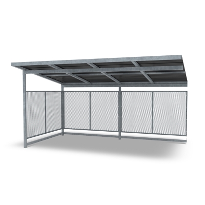 Επεκτείνετε το στέγαστρο ποδηλάτων Nova για να δημιουργήσετε χώρο για ακόμη περισσότερα ποδήλατα ή χρησιμοποιήστε τον χώρο ως στέγαστρο για καρότσια ή ως σταθμό διαλογής απορριμμάτων. Αυτή η παραλλαγή διαθέτει ίσια οροφή από κασσίτερο.