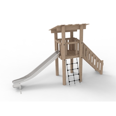 Αυτός ο πύργος διαθέτει πολλαπλές εισόδους, όπως μια σκάλα από δίχτυ και μια σκάλα, προσφέροντας προκλήσεις κατάλληλες για όλες τις ηλικιακές ομάδες. Η κεκλιμένη οροφή παρέχει προστασία από τον ήλιο και τη βροχή. Υπερυψωμένα πάνω από το έδαφος, τα παιδιά μπορούν να απολαύσουν τη θέα πριν γλιστρήσουν κάτω από την τσουλήθρα.