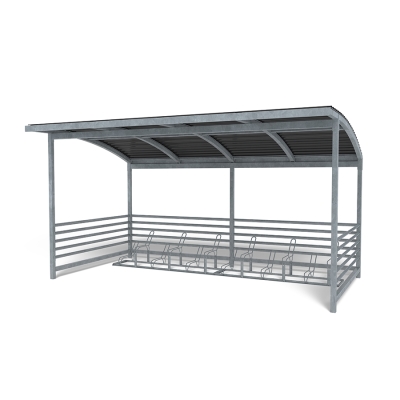 Η στέγη ποδηλάτου Capella με 2 σχάρες ποδηλάτου Gemini είναι μια ανθεκτική λύση χαμηλής συντήρησης για οργανωμένη αποθήκευση ποδηλάτων σε εξωτερικούς χώρους. Σχεδιασμένη με γαλβανισμένες τετράγωνες κολόνες και στιβαρή οροφή, η στέγη Capella είναι ιδανική για σχολεία, πάρκα και κατοικημένες περιοχές. Η στιβαρή της κατασκευή μπορεί να φιλοξενήσει έως και 12 ποδήλατα και μπορεί να επεκταθεί σε διάφορες διαμορφώσεις για να καλύψει μεγαλύτερες ανάγκες. Σε συνδυασμό με δύο ανεξάρτητες, γαλβανισμένες σχάρες ποδηλάτου Gemini - η καθεμία χωράει έξι ποδήλατα - αυτή η διάταξη εξασφαλίζει ευέλικτη και ασφαλή στάθμευση. Εύκολη στην εγκατάσταση και κατασκευασμένη για να αντέχει στα στοιχεία της φύσης, η στέγη Capella προσφέρει μια αξιόπιστη, μακροπρόθεσμη λύση αποθήκευσης για οποιονδήποτε δημόσιο ή ιδιωτικό εξωτερικό χώρο. Αυτή η παραλλαγή διαθέτει θολωτή οροφή από κασσίτερο.