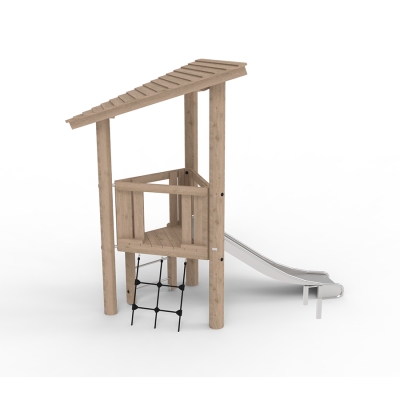 Αυτός ο τριγωνικός πύργος παιχνιδιού έχει σχεδιαστεί για παιδιά μεγαλύτερης ηλικίας προσχολικής ηλικίας. Ο πύργος συνδυάζει το παιχνίδι με τις κινητικές δεξιότητες και την προπόνηση δύναμης. Οι δύο επιλογές αναρρίχησης, μια κάθετη σκάλα και μια γωνιακή σκάλα με δίχτυ, παρέχουν κατάλληλες προκλήσεις για αυτήν την ηλικιακή ομάδα. Η κεκλιμένη οροφή προσφέρει προστασία από τον ήλιο και τη βροχή, δημιουργώντας την αίσθηση ότι βρίσκεστε σε έναν πύργο ή ένα παιδότοπο όπου μόνο η φαντασία θέτει όρια. Υπερυψωμένα από το έδαφος, τα παιδιά μπορούν να απολαύσουν τη θέα πριν κατέβουν την τσουλήθρα.