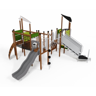 Ξεκινήστε μια συναρπαστική περιπέτεια με το UniPlay Congaree! Αυτή η μονάδα πολλαπλών πύργων έχει σχεδιαστεί για συμπερίληψη, με δύο τσουλήθρες που καλύπτουν διαφορετικά επίπεδα προσβασιμότητας, επιλογές παιχνιδιού στο επίπεδο του εδάφους όπως ο πάγκος του καταστήματος και οι σωλήνες ομιλίας, και διαδραστικά χαρακτηριστικά παιχνιδιού σε ύψος, όπως το τιμόνι του πλοίου και απαιτητικά στοιχεία όπως γέφυρες, σήραγγες και ευκαιρίες αναρρίχησης. Υπάρχει κάτι για όλους!