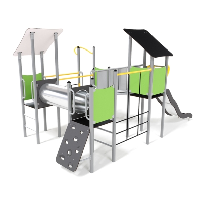 Η μονάδα παιχνιδιού UniMini Essentials Io έχει σχεδιαστεί για παιδιά 3-5 ετών που αναζητούν πιο απαιτητικές ευκαιρίες παιχνιδιού. Οι διασυνδεδεμένες κατασκευές διαθέτουν μια ποικιλία στοιχείων, όπως μια γέφυρα σήραγγας, έναν τοίχο από σχοινί τραβέρσας, μια γέφυρα ράμπας από χάλυβα και μια ταλαντευόμενη γέφυρα από σχοινί με χειρολισθήρες για ποικίλη και ελκυστική κίνηση. Οι επιλογές κατάβασης περιλαμβάνουν μια συναρπαστική τσουλήθρα και ένα συρόμενο στύλο, που εξυπηρετούν τα περιπετειώδη πνεύματα. Η πρόσβαση στους πύργους διευκολύνεται από έναν τοίχο αναρρίχησης και σκάλες σκαλοπατιών, διασφαλίζοντας ότι τα παιδιά διαφορετικών ικανοτήτων μπορούν να απολαύσουν τη διασκέδαση. Διαθέσιμο σε επιλογές ξύλου ή χάλυβα και διακοσμημένο με ζωντανά πάνελ HPL, το Io είναι ευέλικτο για διαφορετικές ρυθμίσεις. Για ευελιξία εγκατάστασης, επιλέξτε ανάμεσα σε βυθισμένη βάση ή αγκύρωση πάνω από το έδαφος.