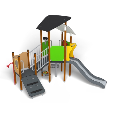 Το UniMini Saggat είναι μια δυναμική μονάδα παιδικής χαράς δύο πύργων σχεδιασμένη για παιδιά ηλικίας 3-5 ετών, προσφέροντας μια ποικιλία συναρπαστικών εμπειριών παιχνιδιού. Μια απαιτητική ράμπα οδηγεί σε ένα ευρύχωρο κατάστρωμα σε σχήμα εξαγώνου, ιδανικό για εξερεύνηση και ομαδικό παιχνίδι. Τα παιδιά μπορούν να γλιστρήσουν κάτω από την τσουλήθρα ή να απολαύσουν την δροσερή άνεση των επικαλυπτόμενων στεγών σκίασης από πάνω. Η μονάδα διαθέτει ενδιαφέροντα διαδραστικά στοιχεία παιχνιδιού, σωλήνες ομιλίας για διασκεδαστική επικοινωνία και προσβάσιμες δραστηριότητες στο επίπεδο του εδάφους που υποστηρίζουν το παιχνίδι χωρίς αποκλεισμούς. Με τον φωτεινό, φιλόξενο σχεδιασμό του και μια ισορροπία φυσικών, κοινωνικών και ευφάνταστων ευκαιριών παιχνιδιού, το UniMini Saggat ενθαρρύνει την ανάπτυξη μέσω της περιπέτειας, της δημιουργικότητας και της σύνδεσης σε έναν ασφαλή χώρο.