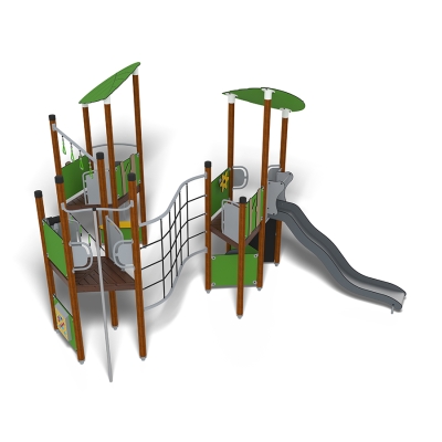 Η UniPlay Hisingen είναι μια παιδική χαρά με θέμα το δάσος, σχεδιασμένη για παιδιά ηλικίας 5 ετών και άνω, που ζωντανεύει τις περιπέτειες στο δάσος. Διαθέτει υπερυψωμένες πλατφόρμες, μια γέφυρα από δίχτυ και μια τσουλήθρα που ενθαρρύνει την αναρρίχηση, την εξερεύνηση και το ευφάνταστο παιχνίδι. Στέγαστρα σε σχήμα φύλλου, πράσινα πάνελ και ξύλινες κολόνες δημιουργούν μια φυσική ατμόσφαιρα δάσους. Αυτή η ενδιαφέρουσα μονάδα προάγει τη σωματική δραστηριότητα, την κοινωνική αλληλεπίδραση και τη δημιουργικότητα. Ιδανική για σχολεία, δημόσια πάρκα και κοινοτικές παιδικές χαρές.