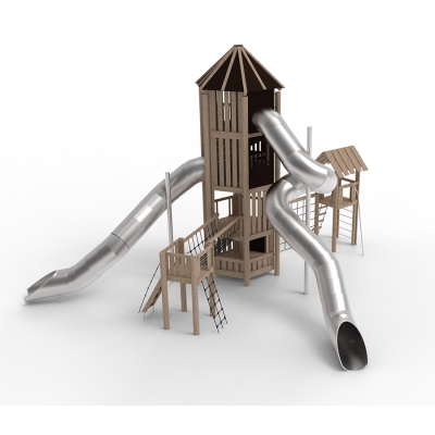 Αυτή η κατασκευή είναι ένα εντυπωσιακό σύστημα πύργων ύψους 7,7 μέτρων με τέσσερα επίπεδα και δύο μεγάλες τσουλήθρες σήραγγας, προσκαλεί κάθε παιδί σε μια περιπέτεια. Ο κύριος ψηλός πύργος συνοδεύεται από δύο μικρότερους πύργους: ο ένας συνδέεται με μια γέφυρα από σχοινί που λικνίζεται και ο άλλος συνδέεται μέσω ενός κάθετου διχτυού αναρρίχησης. Διάφορες διαδρομές, όπως σκάλες, δίχτυα αναρρίχησης και τοίχοι αναρρίχησης, οδηγούν στους πύργους, προσκαλώντας όλες τη σωματική δραστηριότητα. Με ενθουσιασμό, τα παιδιά μπορούν να κατέβουν από το πάνω επίπεδο μέσω της τσουλήθρας που γυρίζει, ενώ μια άλλη τσουλήθρα προσφέρει μια πιο άμεση διαδρομή προς τα κάτω από το τρίτο επίπεδο. Το παιχνίδι ενισχύει τη σωματική δύναμη, την ισορροπία, τις κινητικές δεξιότητες και την κατανόηση του χώρου. Η φαντασία περιπλανιέται ελεύθερη καθώς όλα τα στοιχεία προσφέρουν προκλήσεις σε διαφορετικά επίπεδα. Πολλά παιδιά μπορούν να παίξουν ταυτόχρονα, αναπτύσσοντας κοινωνικές δεξιότητες μέσω της συνεργασίας, της υπομονής και της υποστήριξης καθώς συμμετέχουν στο παιχνίδι..