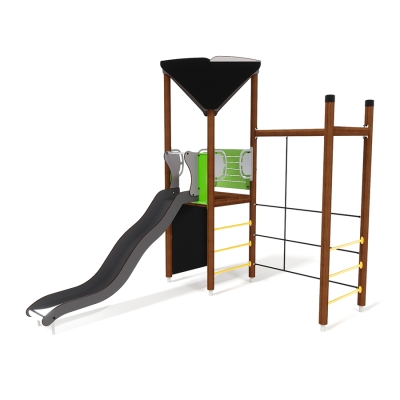 Η μονάδα παιχνιδιού UniPlay Essentials Mimas είναι ένας συναρπαστικός πύργος περιπέτειας σχεδιασμένος για παιδιά ηλικίας 5-12 ετών, που παρουσιάζει μια ποικιλία από προκλήσεις αναρρίχησης που δοκιμάζουν την ευκινησία και τη δύναμη. Με ύψος 1,5 μέτρο, αυτή η μονάδα μονού πύργου προσφέρει πολλαπλά σημεία πρόσβασης: έναν απαιτητικό τοίχο αναρρίχησης, παραδοσιακές σκάλες με σκαλοπάτια ή μια καινοτόμο διάσχιση ενός τοίχου από σχοινί που οδηγεί στην πλατφόρμα. Μόλις ανέβουν στην κορυφή, τα παιδιά ανταμείβονται με έναν προστατευμένο χώρο που όχι μόνο προσθέτει στην αισθητική της μονάδας, αλλά και εμπλουτίζει τις ευκαιρίες για ευφάνταστο παιχνίδι. Η κατάβαση είναι εξίσου συναρπαστική, με μια τσουλήθρα που εξασφαλίζει μια διασκεδαστική και γρήγορη κατάβαση. Το Mimas είναι ιδανική για την ενθάρρυνση της σωματικής δραστηριότητας, της επίλυσης προβλημάτων και του δημιουργικού παιχνιδιού, καθιστώντας την μια συναρπαστική προσθήκη σε κάθε παιδική χαρά για μεγαλύτερα παιδιά που αναζητούν περιπέτεια και εξερεύνηση.