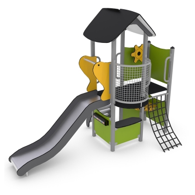 Αυτός ο πύργος πολλαπλών παιχνιδιών είναι ιδανικός για τα πρώτα χρόνια. Είναι εξαιρετικό για κοινωνική αλληλεπίδραση καθώς τα παιδιά μπορούν να σκαρφαλώσουν, να γλιστρήσουν και να χαλαρώσουν στην καλύβα. Ο μικρός πάγκος του καταστήματος κάτω από τη τσουλήθρα προσφέρει μια άλλη δυνατότητα παιχνιδιού, ώστε τα παιδιά να προσποιούνται ότι είναι ένα κατάστημα με ένα καταφύγιο. Με όλα αυτά τα στοιχεία παιχνιδιού τα παιδιά εμπνέονται να προσποιούνται και να παίζουν. Για να ανέβουν στον πύργο, τα παιδιά μπορούν να επιλέξουν να χρησιμοποιήσουν τα σκαλιά ή, για μια πρόσθετη πρόκληση, να χρησιμοποιήσουν την αναρρίχηση με σχοινί.