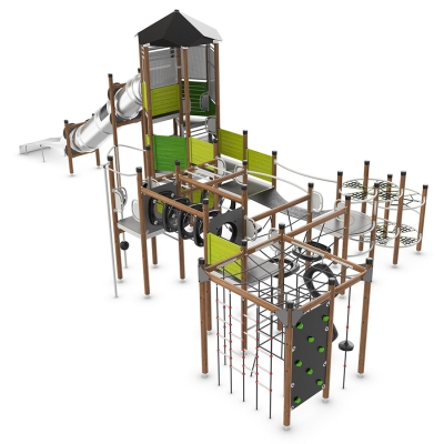 Το UniPlay Fejen είναι μια μεγάλη, γεμάτη δράση παιδική χαρά, σχεδιασμένη για παιδιά ηλικίας 5-12 ετών, που διαθέτει έξι διασυνδεδεμένους πύργους που συνδέονται με γέφυρες και στοιχεία αναρρίχησης για συνεχές, δυναμικό παιχνίδι. Κάθε πύργος προσφέρει διαφορετικές προκλήσεις πρόσβασης - όπως δίχτυα, σκάλες και στοιχεία αναρρίχησης - για να κρατά τα παιδιά απασχολημένα και σε κίνηση. Ένα ξεχωριστό χαρακτηριστικό είναι ο εξαιρετικά μεγάλος πύργος, ο οποίος περιλαμβάνει μια εντυπωσιακή τσουλήθρα από ανοξείδωτο χάλυβα για μια συναρπαστική διαδρομή πίσω στο επίπεδο του εδάφους. Αυτή η δυναμική μονάδα ενθαρρύνει τη σωματική δραστηριότητα, τον συντονισμό και το ευφάνταστο παιχνίδι, καθιστώντας την ιδανική για περιπετειώδη παιδιά. Με ατελείωτες διαδρομές και προκλήσεις, το UniPlay Fejen είναι ένα τολμηρό και συναρπαστικό κεντρικό στοιχείο για κάθε παιδική χαρά.