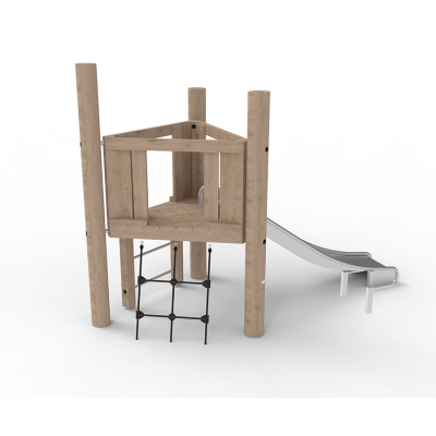 Αυτός ο τριγωνικός πύργος παιχνιδιού έχει σχεδιαστεί για παιδιά μεγαλύτερης ηλικίας προσχολικής ηλικίας. Ο πύργος συνδυάζει το παιχνίδι με τις κινητικές δεξιότητες και την προπόνηση δύναμης. Οι δύο επιλογές αναρρίχησης, μια κάθετη σκάλα και μια γωνιακή σκάλα με δίχτυ, παρέχουν κατάλληλες προκλήσεις για αυτήν την ηλικιακή ομάδα. Ανυψωμένα από το έδαφος, τα παιδιά μπορούν να απολαύσουν τη θέα πριν κατέβουν την τσουλήθρα.