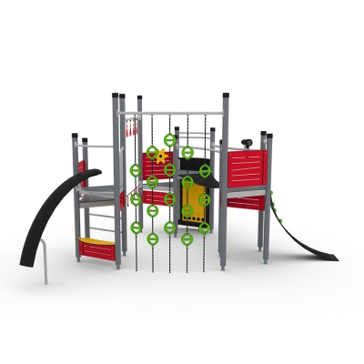 Το UniPlay Melax είναι μια συναρπαστική μονάδα πολλαπλών παιχνιδιών σχεδιασμένη για παιδιά ηλικίας 5 ετών και άνω, προσφέροντας μια ποικιλία από ενδιαφέροντα χαρακτηριστικά παιχνιδιού. Η απαιτητική διαδρομή με το σχοινί δοκιμάζει την ισορροπία, τη δύναμη και τον συντονισμό καθώς τα παιδιά κινούνται ανάμεσα σε πύργους, ενώ το Manet προσφέρει μια μοναδική εμπειρία πλάγιας διάσχισης για πρόσθετη ποικιλία κινήσεων. Στοιχεία ευφάνταστου παιχνιδιού όπως το τηλεσκόπιο, η τιμονιέρα πλοίου και ο πάγκος του καταστήματος εμπνέουν τη δημιουργικότητα και το παιχνίδι ρόλων, καθιστώντας το Melax μια ευέλικτη και δυναμική προσθήκη σε κάθε παιδική χαρά. Ιδανικό για πάρκα, σχολεία και κοινοτικούς χώρους, προσφέρει υψηλή αξία παιχνιδιού μέσω της σωματικής δραστηριότητας και της ευφάνταστης εξερεύνησης.